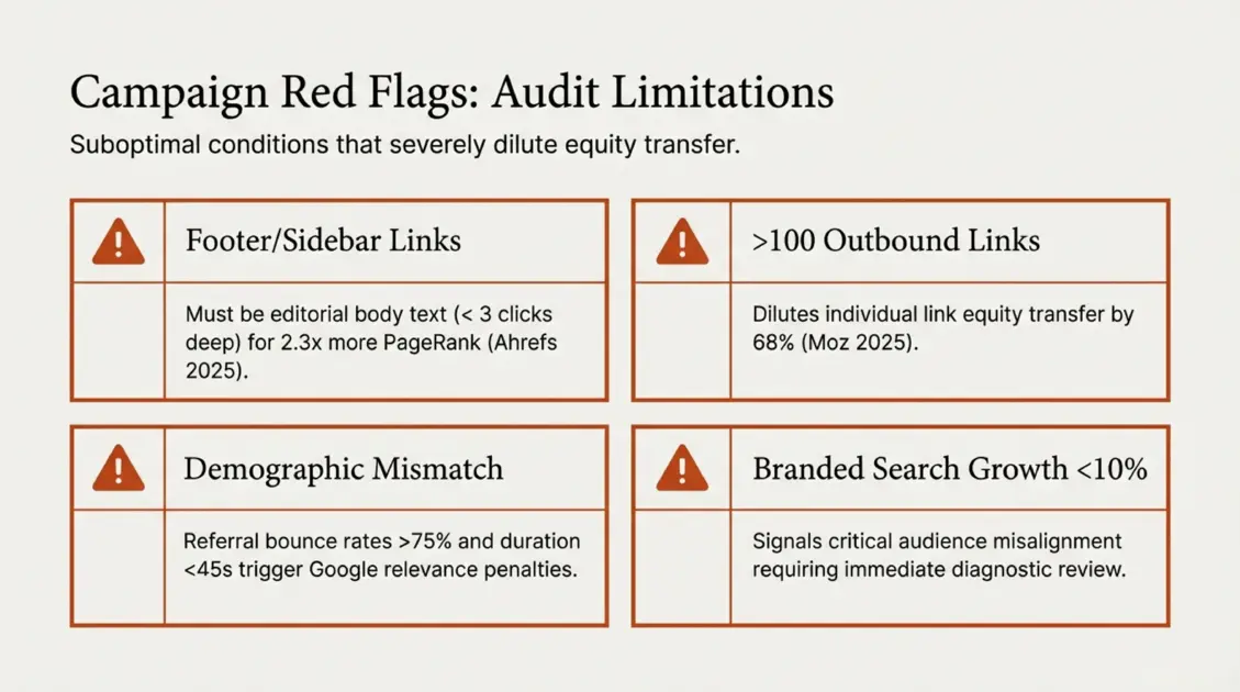 4 blogger outreach campaign red flags that dilute link equity transfer - footer sidebar links, more than 100 outbound links, demographic mismatch, and branded search growth below 10 percent