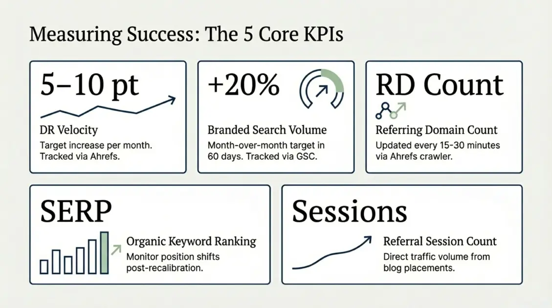 5 core KPIs for measuring blogger outreach performance for new brands including DR velocity, branded search volume, referring domain count, SERP ranking, and referral sessions