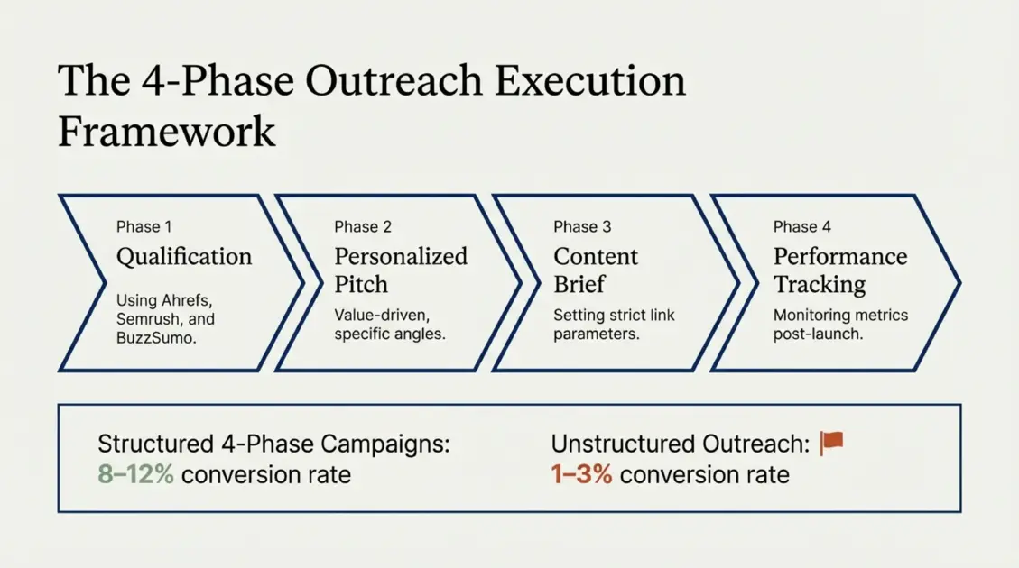 4-phase blogger outreach execution framework for new brands showing qualification, personalized pitch, content brief, and performance tracking phases with 8-12% conversion rate