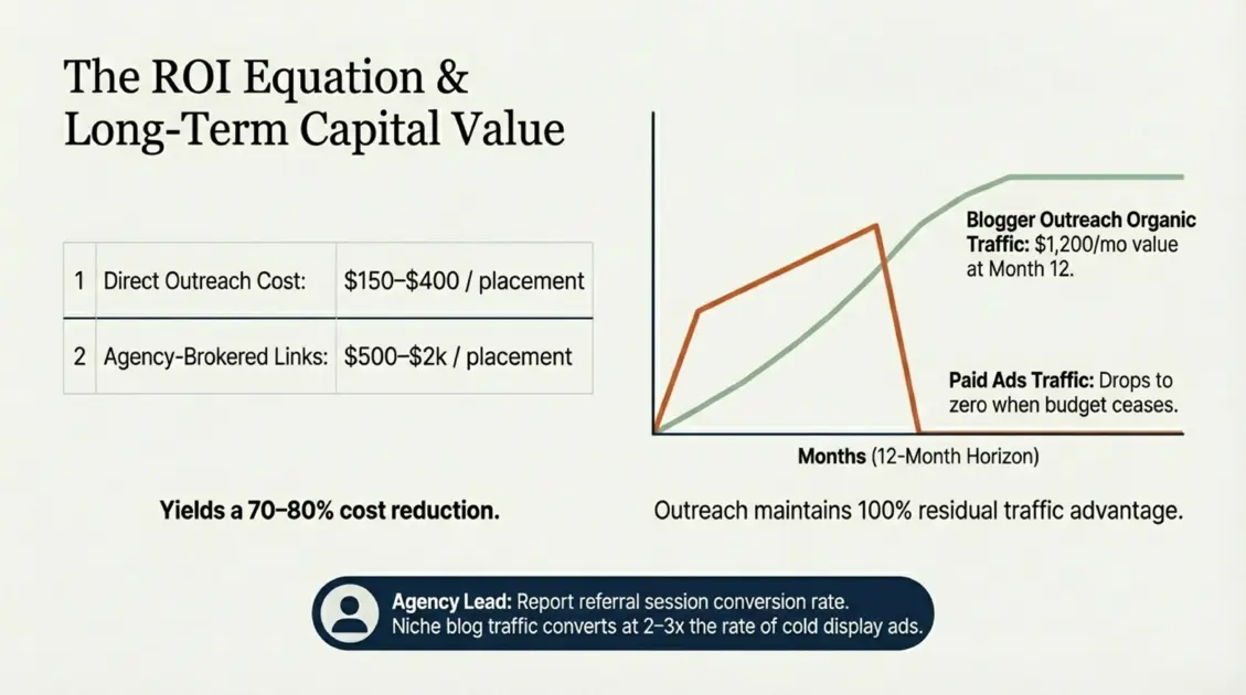 ROI equation comparing blogger outreach cost per placement at $150-$400 versus agency-brokered links at $500-$2000, showing 70-80% cost reduction and $1200/month organic traffic value at month 12