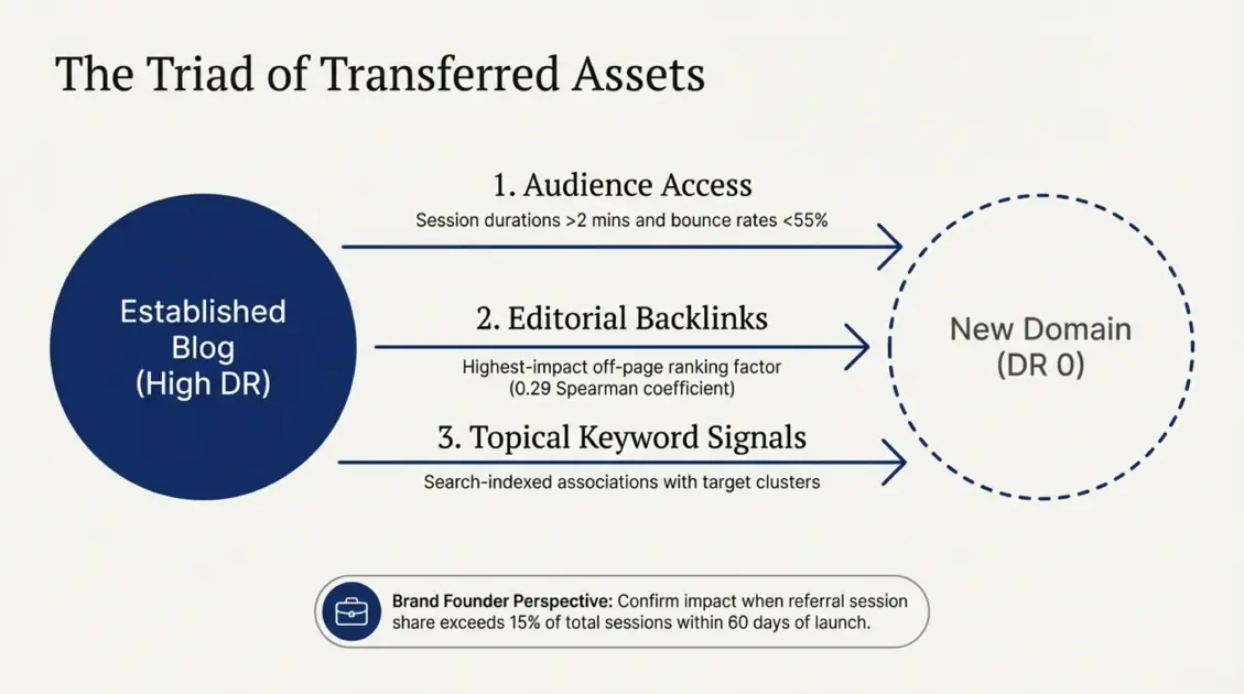 Diagram showing 3 assets bloggers transfer to a new domain DR 0 - audience access, editorial backlinks, and topical keyword signals