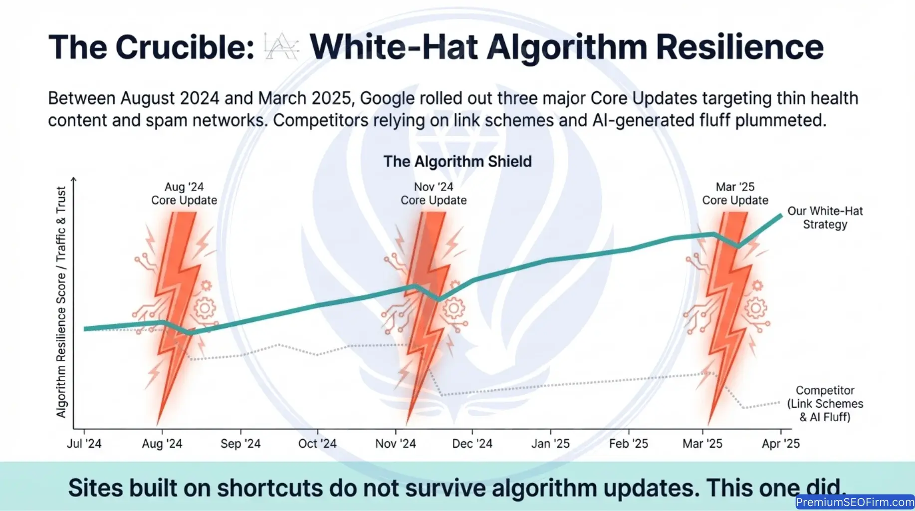 Line chart showing white-hat dental SEO strategy maintaining upward traffic growth through three Google Core Updates in August 2024, November 2024, and March 2025, while competitor sites relying on link schemes and AI-generated content dropped sharply