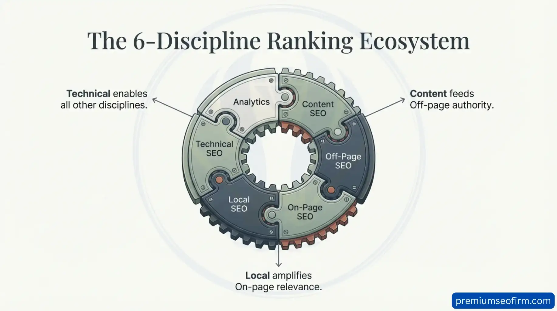 Circular interlocking gear diagram showing the 6 SEO disciplines for small businesses including Technical SEO On-Page SEO Off-Page SEO Local SEO Content SEO and Analytics with annotations showing Technical enables all disciplines Content feeds Off-page authority and Local amplifies On-page relevance