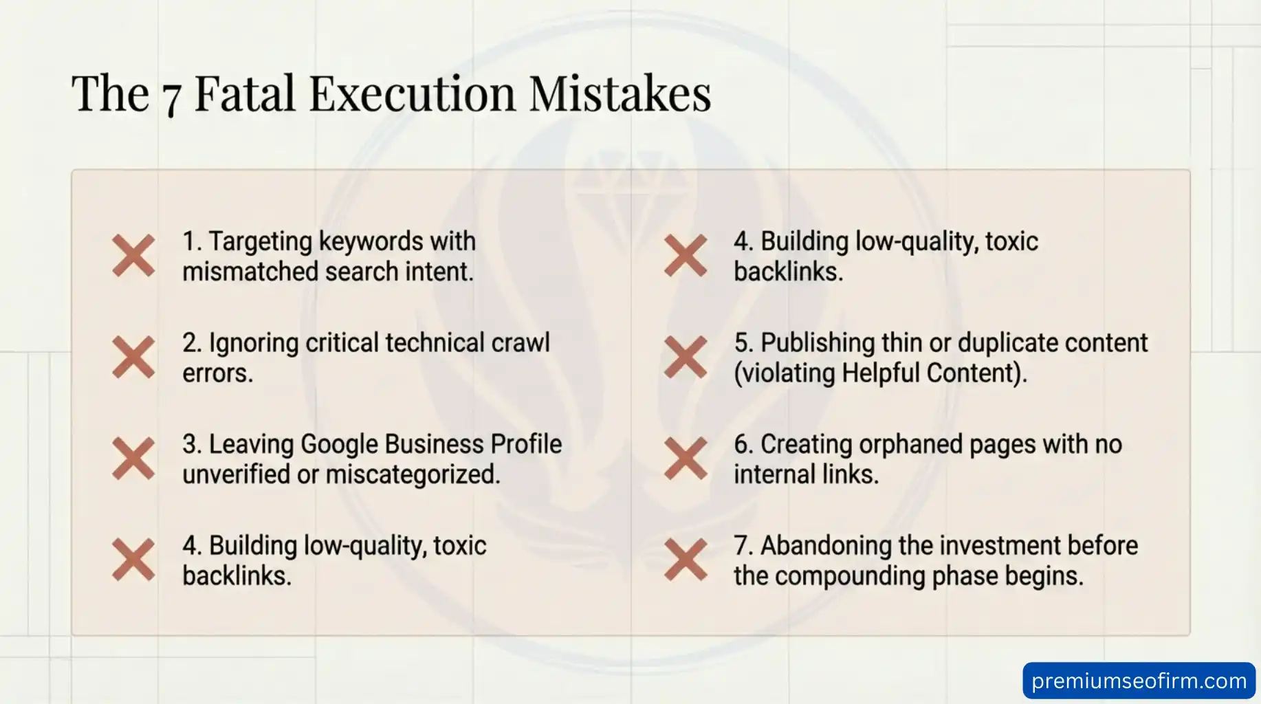 Warning infographic listing the 7 fatal SEO execution mistakes small businesses make including targeting keywords with mismatched search intent ignoring technical crawl errors leaving Google Business Profile unverified building toxic backlinks publishing thin or duplicate content creating orphaned pages with no internal links and abandoning the SEO investment before the compounding phase begins