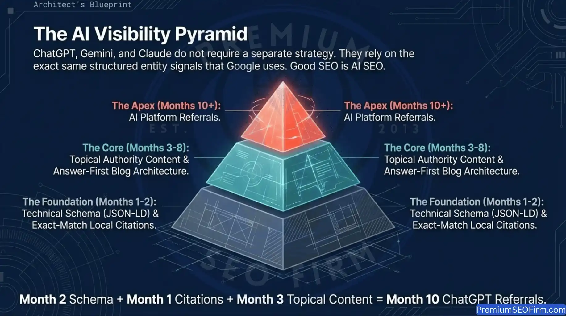 Three-tier AI visibility pyramid diagram showing Foundation layer as JSON-LD schema and exact-match local citations from Months 1 to 2, Core layer as topical authority content and answer-first blog architecture from Months 3 to 8, and Apex layer as AI platform referrals from ChatGPT and Gemini appearing from Month 10 onwards