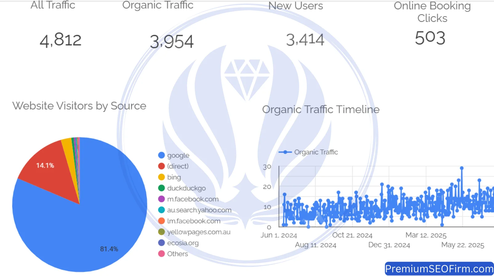 Looker Studio 14-month campaign overview Waterford QLD dental SEO June 2024 to July 2025: 4812 sessions, 3954 organic, 503 booking clicks