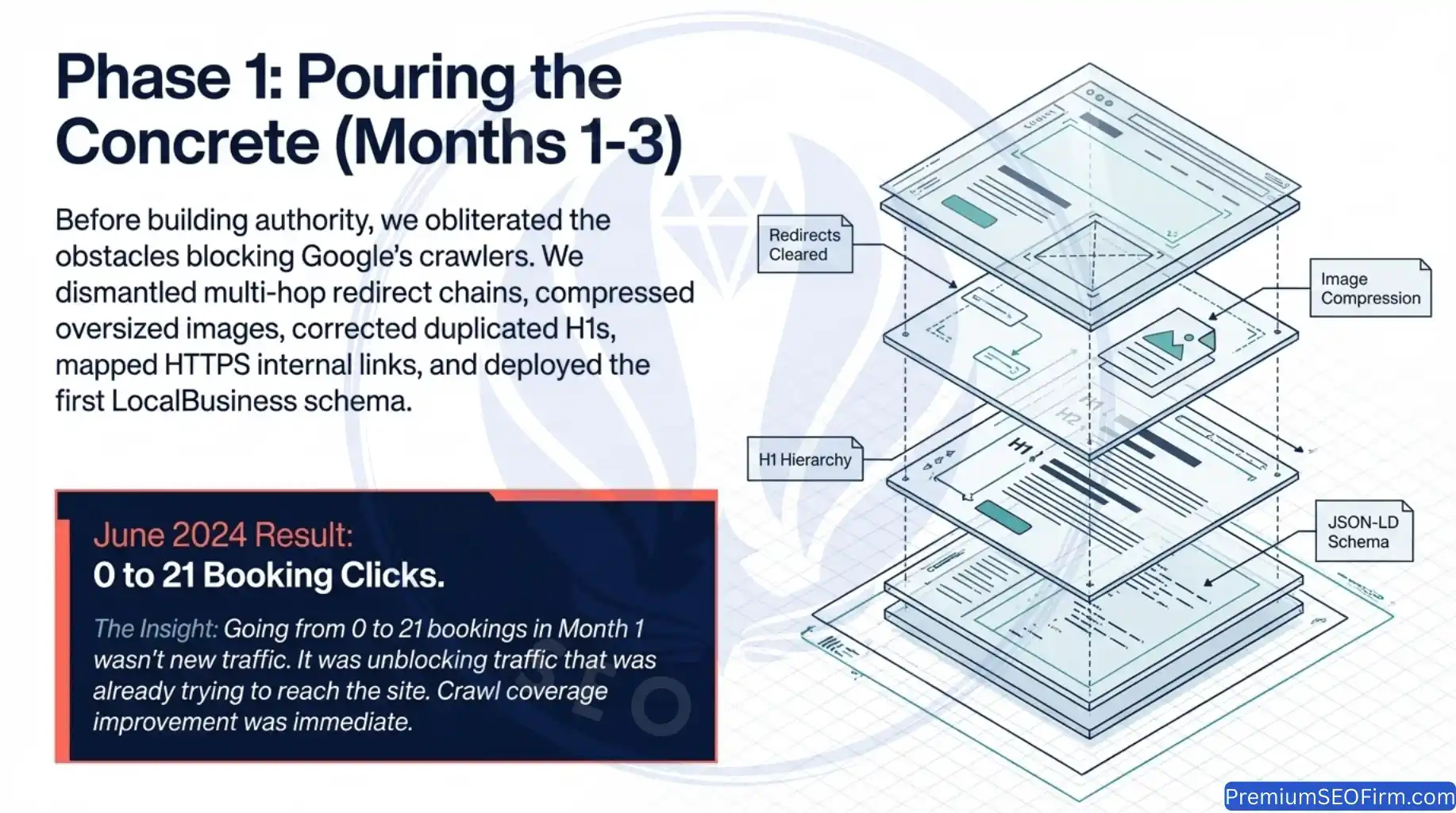 Phase 1 dental SEO technical foundation diagram showing redirect chain clearing, image compression, H1 hierarchy correction, and JSON-LD schema deployment completed in Months 1 to 3, resulting in 0 to 21 booking clicks in June 2024