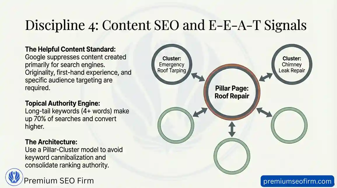 Content SEO infographic showing a Pillar-Cluster architecture diagram with a central Pillar Page for Roof Repair surrounded by topic clusters including Emergency Roof Tarping and Chimney Leak Repair alongside explanations of Google's Helpful Content Standard topical authority building and long-tail keyword strategy