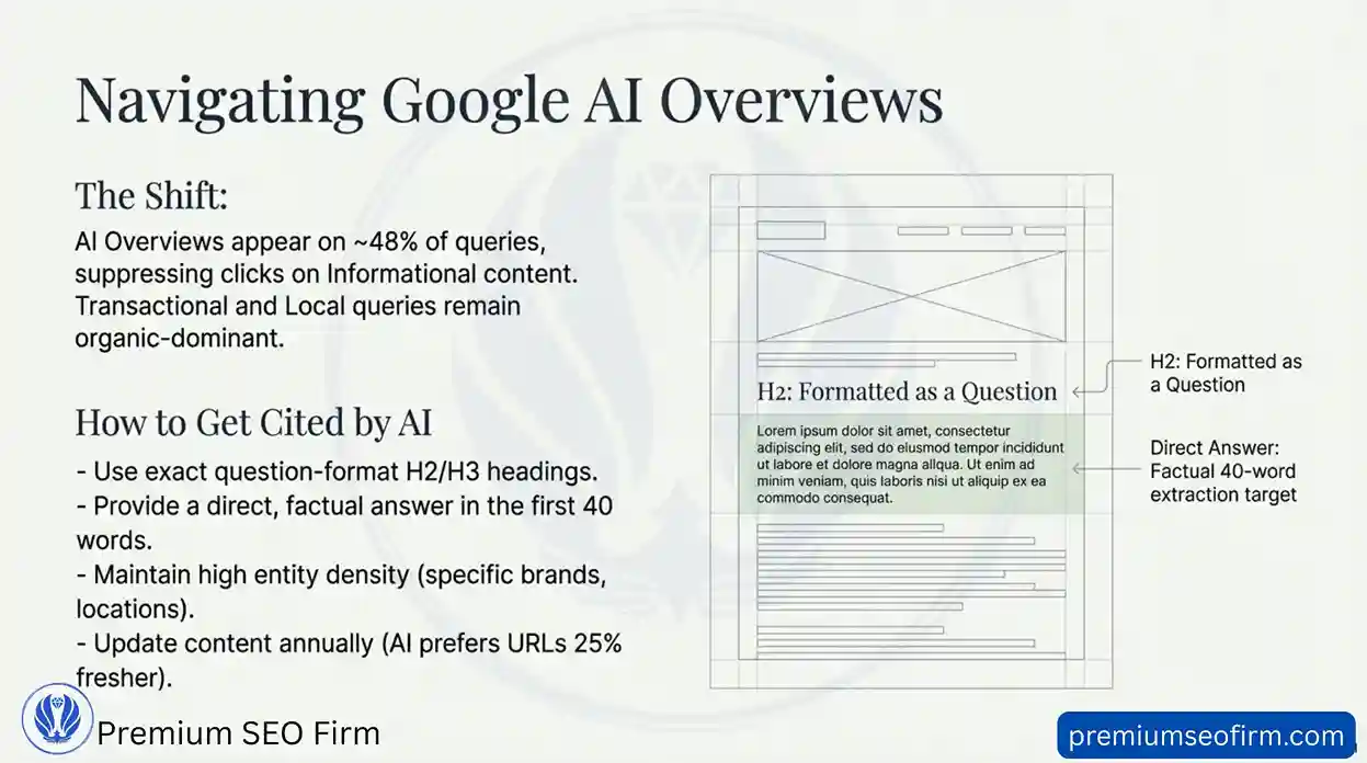 Infographic on navigating Google AI Overviews in 2026 showing that AI Overviews appear on 48 percent of queries and explaining four strategies to get cited including question-format H2 and H3 headings factual 40-word direct answers high entity density with specific brands and locations and annual content updates since AI prefers URLs 25 percent fresher