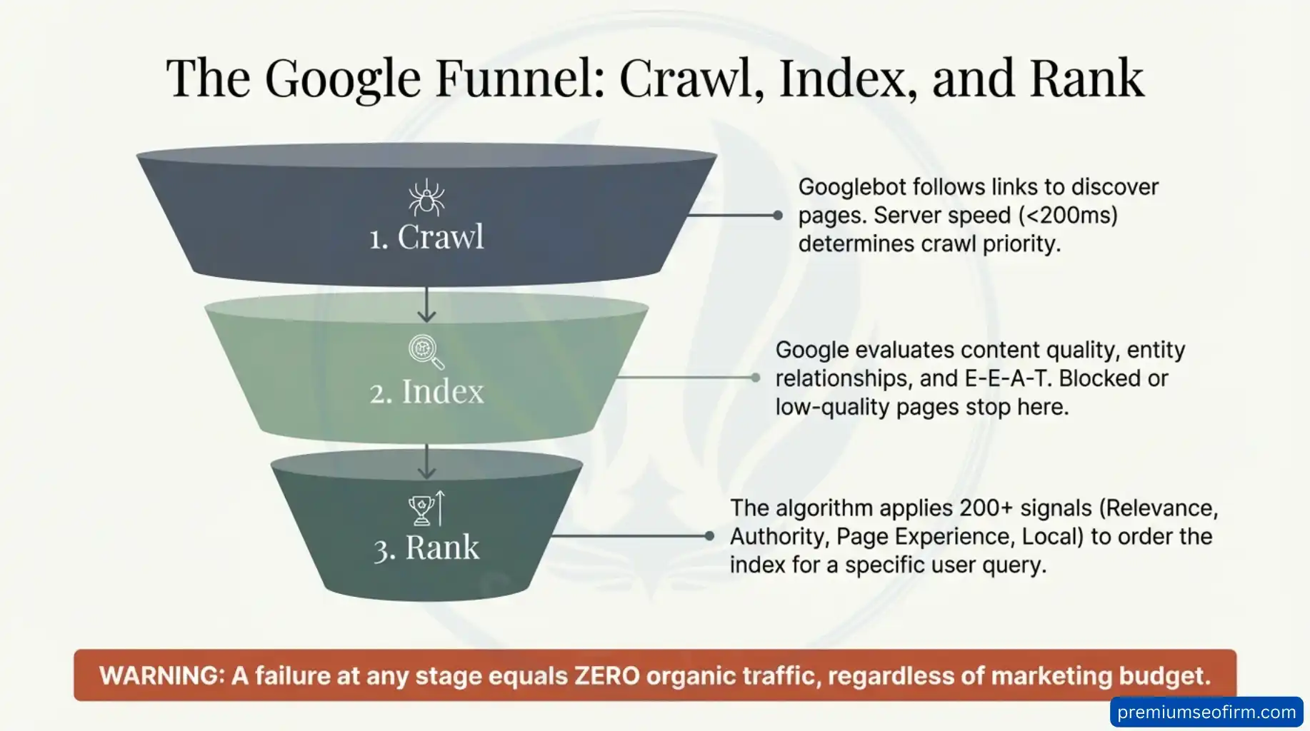 Three-tier funnel diagram explaining how Google processes websites through Crawl where Googlebot follows links at under 200ms server speed then Index where content quality and E-E-A-T are evaluated and finally Rank where 200 plus signals including relevance authority and page experience determine position