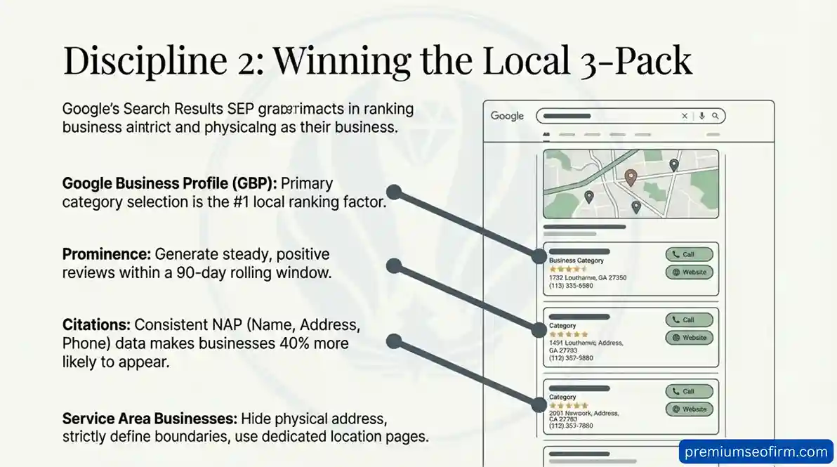 Annotated Google local search results showing Local 3-Pack ranking factors for small businesses including Google Business Profile category selection as the number one local ranking factor prominence through steady reviews within a 90-day rolling window consistent NAP citations and service area business boundary settings