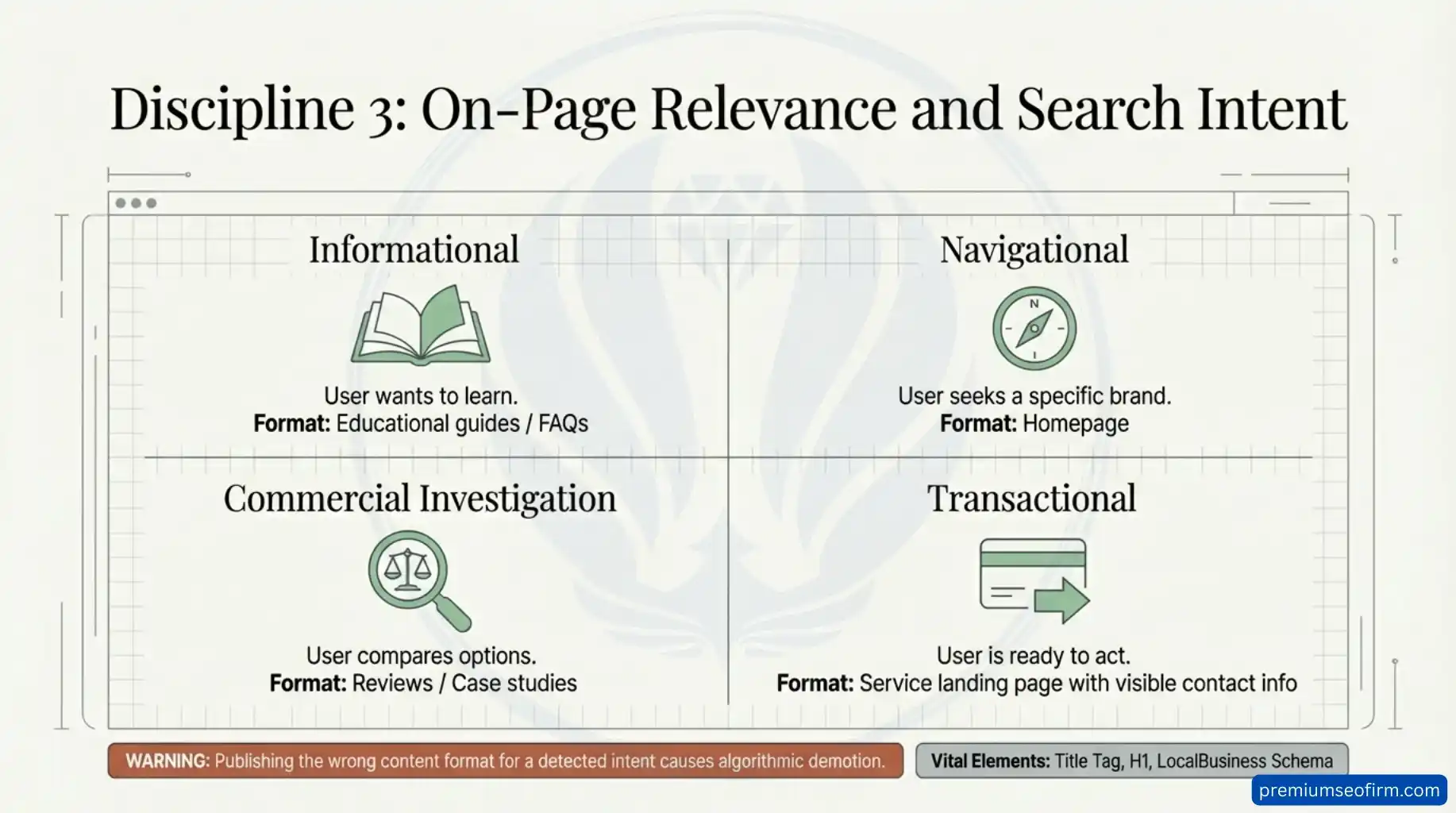 Four-quadrant infographic illustrating the four search intent types for on-page SEO including Informational intent for educational guides and FAQs Navigational intent for homepage content Commercial Investigation intent for reviews and case studies and Transactional intent for service landing pages with visible contact information