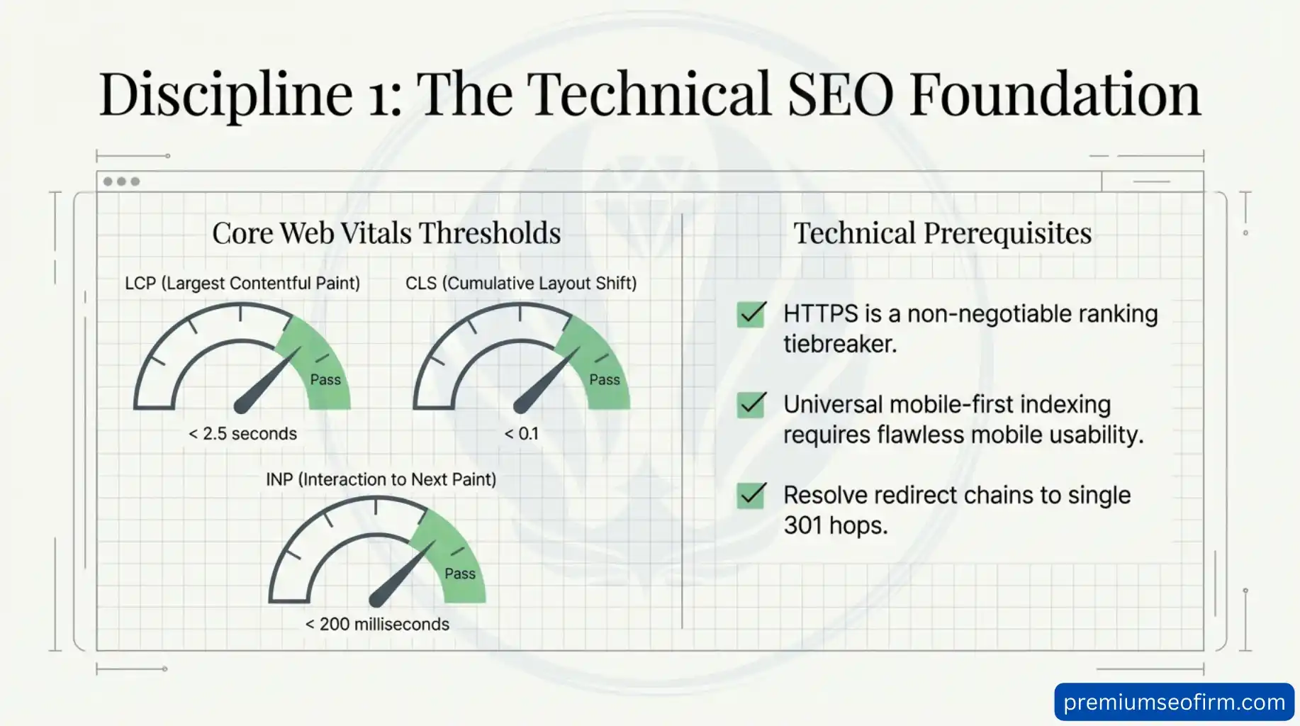 Technical SEO infographic displaying Core Web Vitals passing thresholds including LCP under 2.5 seconds CLS under 0.1 and INP under 200 milliseconds alongside technical prerequisites of HTTPS mobile-first indexing and resolving redirect chains to single 301 hops